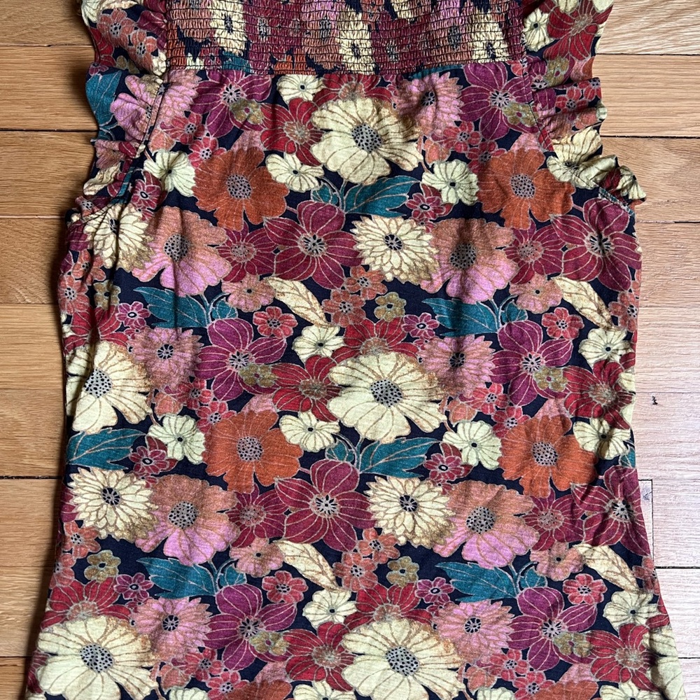 Nation LTD Floral Smocked V-Neck Tank in Rust, Yellow & Green - Picture 3 of 10
